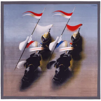 Otway & Orford Men's 'ride Ahead' Silk Pocket Square In Blue Grey & Brown With Red, White & Blue. Full-size.