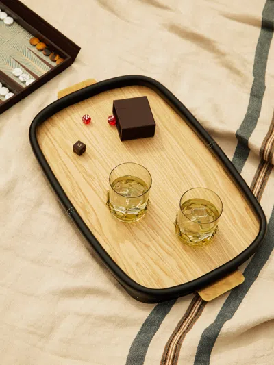 Otzi Studio Bolster Leather And Wood Tray (24in/61cm) In Nude