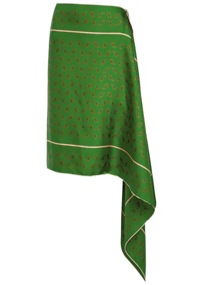 Otzio Margot Printed Asymmetric Silk Midi Skirt In Green