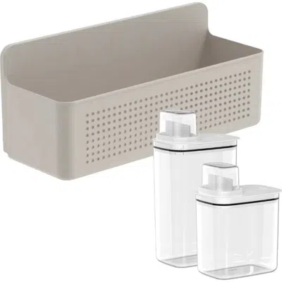 Ou Clear Airtight 50oz & 77oz Laundry Dispenser Set With Measuring Caps And Wall Mnted Storage Basket In Beige