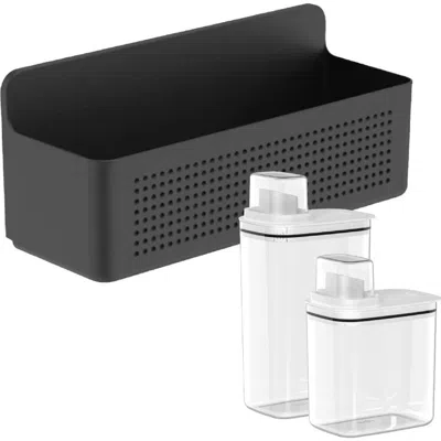 Ou Clear Airtight 50oz & 77oz Laundry Dispenser Set With Measuring Caps And Wall Mnted Storage Basket In Black