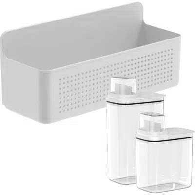 Ou Clear Airtight 50oz & 77oz Laundry Dispenser Set With Measuring Caps And Wall Mnted Storage Basket In White