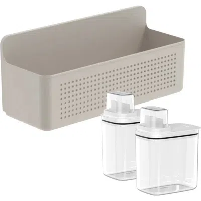 Ou Clear Airtight 50oz Laundry Detergent Dispenser Set With Measuring Cap And Wall Mnted Storage Bask In Beige