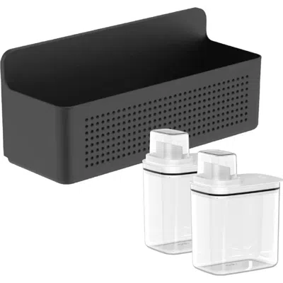 Ou Clear Airtight 50oz Laundry Detergent Dispenser Set With Measuring Cap And Wall Mnted Storage Bask In Black