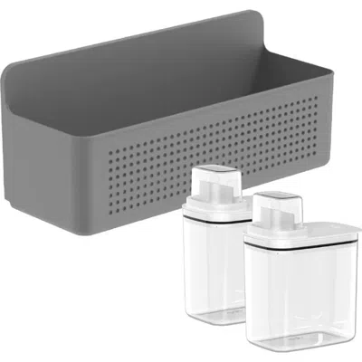 Ou Clear Airtight 50oz Laundry Detergent Dispenser Set With Measuring Cap And Wall Mnted Storage Bask In Dark Gray