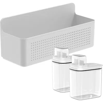 Ou Clear Airtight 50oz Laundry Detergent Dispenser Set With Measuring Cap And Wall Mnted Storage Bask In White