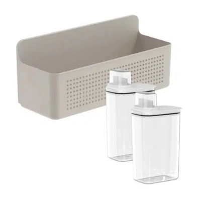 Ou Clear Airtight 77oz Laundry Detergent Dispenser Set With Measuring Cap And Wall Mnted Storage Bask In Beige