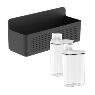 Ou Clear Airtight 77oz Laundry Detergent Dispenser Set With Measuring Cap And Wall Mnted Storage Bask In Black