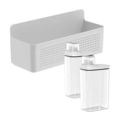 Ou Clear Airtight 77oz Laundry Detergent Dispenser Set With Measuring Cap And Wall Mnted Storage Bask In White