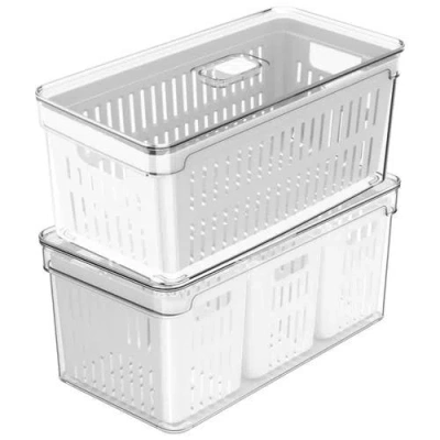Ou Clear Stackable Fridge Organizer Bin With Drain Basket And Vented Lid, 2 Pack