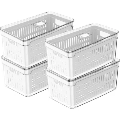 Ou Clear Stackable Fridge Organizer Bin With Drain Basket And Vented Lid, 4 Pack
