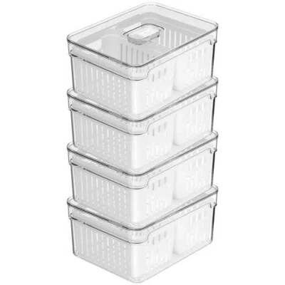 Ou Clear Stackable Fridge Organizer Bin With Drain Basket And Vented Lid, 4 Pack