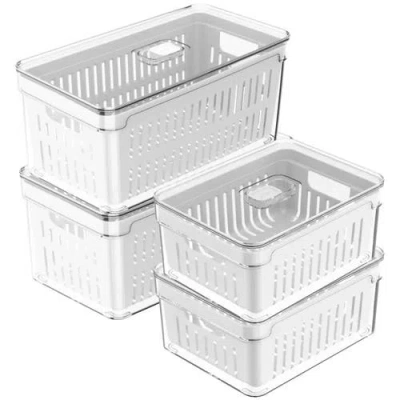 Ou Clear Stackable Fridge Organizer Bin With Drain Basket And Vented Lid, 4 Pack