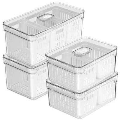 Ou Clear Stackable Fridge Organizer Bin With Drain Basket And Vented Lid, 4 Pack