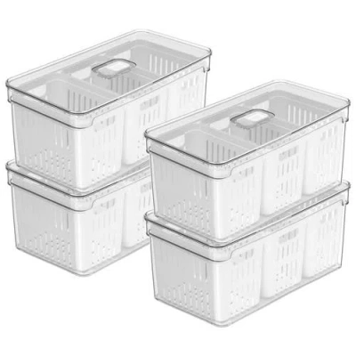 Ou Clear Stackable Fridge Organizer Bin With Drain Basket And Vented Lid, 4 Pack