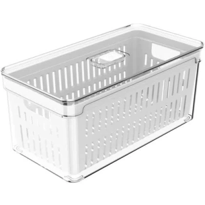 Ou Clear Stackable Fridge Organizer Bin With Drain Basket And Vented Lid, 5.3 Quart Capacity In White