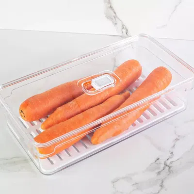 Ou Clear Stackable Fridge Organizer Bin With Drain Tray And Vented Lid, 11.8 Inch Depth In Transparent