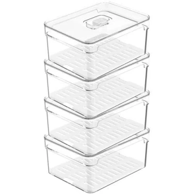 Ou Clear Stackable Fridge Organizer Bin With Drain Tray And Vented Lid, 4 Pack