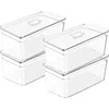 Ou Clear Stackable Fridge Organizer Bin With Drain Tray And Vented Lid, 4 Pack