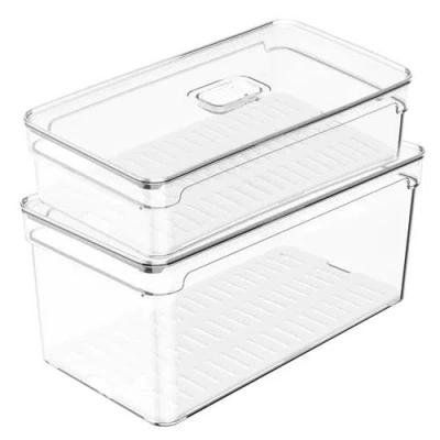Ou Clear Stackable Fridge Organizer Bin With Removable Drain Tray And Vented Lid, 2 Pack (2.9 Quart