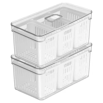 Ou Clear Stackable Fridge Organizer Bin With Three Removable Drain Baskets And Vented Lid, 2 Pack
