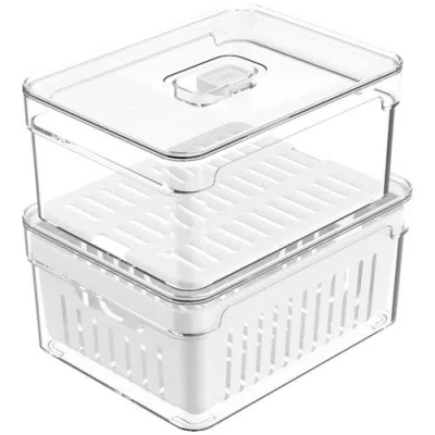 Ou Clear Stackable Fridge Organizer Bins With Drain Basket, Flat Tray And Vented Lids, 2 Pack