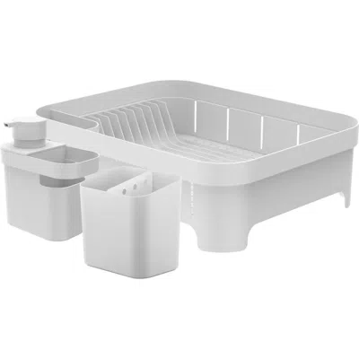 Ou Durable Compact Kitchen Sink Organizer 3 Piece Set, Dish Rack, Cutlery Drainer & Soap Dispenser C In White