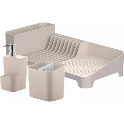 Ou Kitchen Sink Organizer Set 3-piece, Dish Rack, Cutlery Drainer & Soap Dispenser With Sponge Holde In Beige