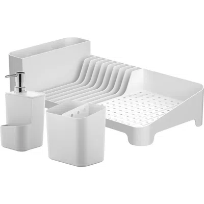 Ou Kitchen Sink Organizer Set 3-piece, Dish Rack, Cutlery Drainer & Soap Dispenser With Sponge Holde In White