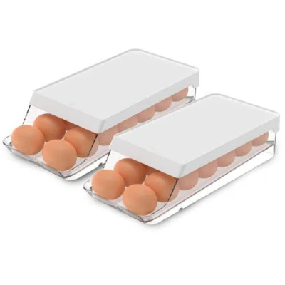Ou Rolling Clear Stackable Egg Holder Organizer 2-piece Set In White