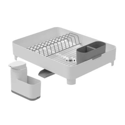 Ou Space Saving Dish Drying Rack With Drainage Spt And 19 oz Liquid Soap Dispenser With Extended Spon In White
