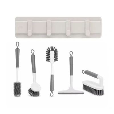 Ou Wall Mnted Hook Rack Cleaning Set With Sliding Hooks, Scrub Brushes, Bottle Brush, Silicone Squeeg In Multicolor