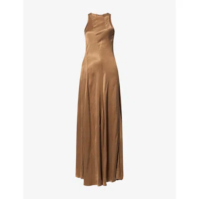 Oude Waag Omens Bias-cut Racer-back Satin Maxi Dress Camel In Brown