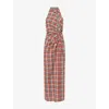Oude Waag Omens Blue Date Check Twisted Check-print Cotton-poplin Midi Dress Xs In Orange