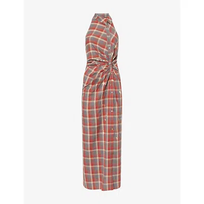 Oude Waag Omens Blue Date Check Twisted Check-print Cotton-poplin Midi Dress Xs In Orange