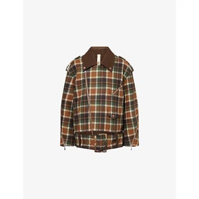 Oude Waag Omens Checked Biker Wool-blend Jacket Brown Green Check