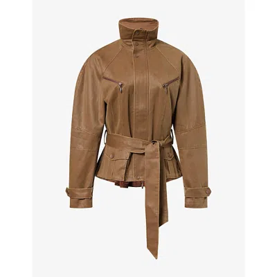Oude Waag Omens Funnel-neck Belted Cotton-blend Jacket Camel In Brown