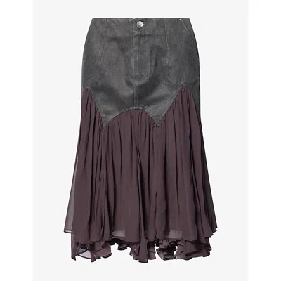 Oude Waag Omens Gathered-insert Cotton-blend Midi Skirt Dark Grey In Brown