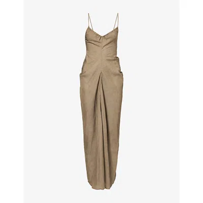 Oude Waag Omens Tie-neck Draped Linen-blend Maxi Dress Khaki