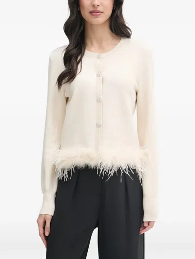 Ouí Faux-feather-trim Crystal-embellished Cardigan In Neutrals