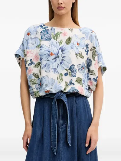 Ouí Floral-print Boat-neck Top In White