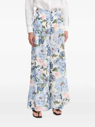 Ouí Floral-print Pleated Palazzo Pants In Weiss