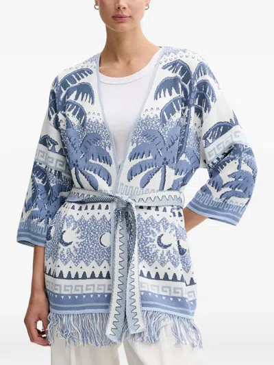 Ouí Fringed Palm-print Cardigan In Blue