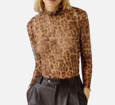 Ouí Mock Neck Animal Print Sheer Top In Camel/grey
