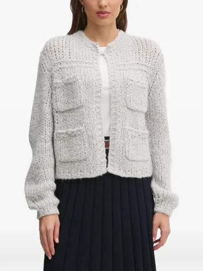 Ouí Wool Knit Jewel Buttons Cardigan In Light Beige In Red