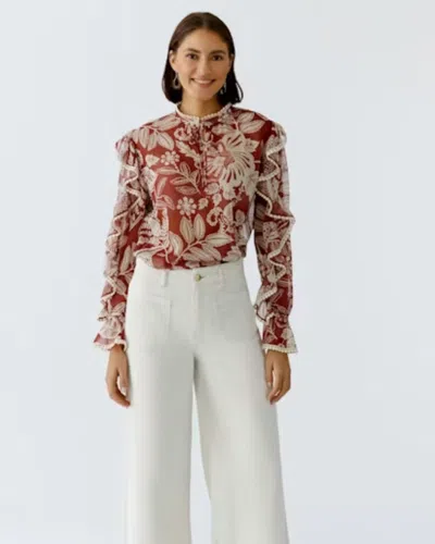 Ouí Ruffle Print Blouse In Red White