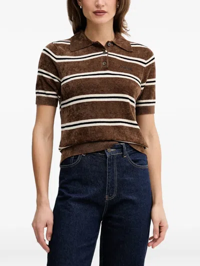 Ouí Striped Terry-texture Polo Shirt In Brown