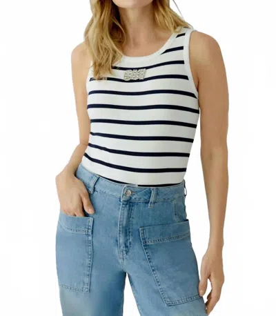 Ouí Striped With Embellished Logo Tank Top In Off White Blue In Multi
