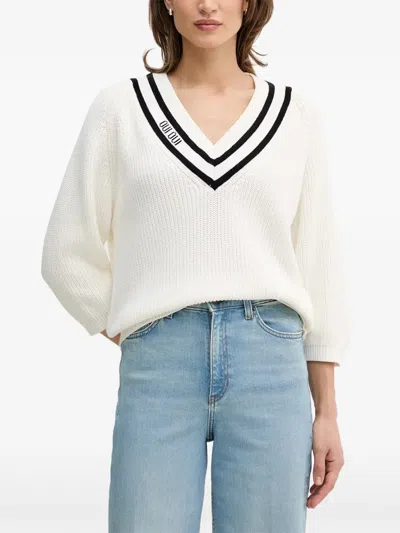 Ouí V-neck Striped Sweater In White