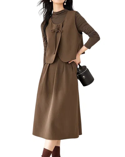 Ounixue 3pc Top, Vest, & Skirt Set In Brown